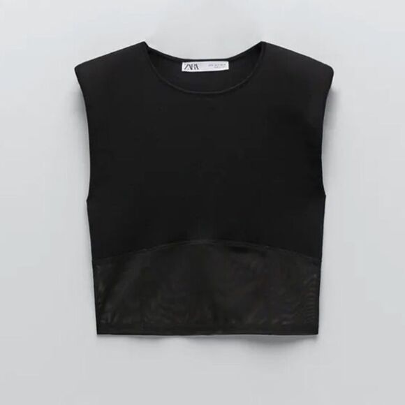 NWT Zara Black Sleeveless Mesh Shoulder Pads Top - Picture 3 of 5
